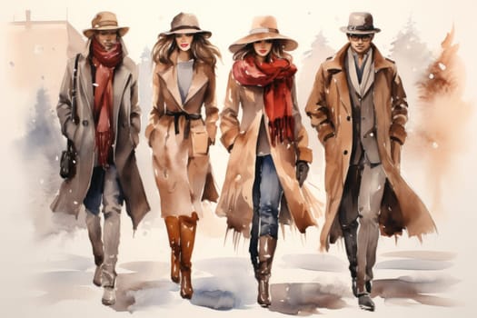 A chic portrayal of the winter season's fashion, highlighting stylish winter attire, including scarves, hats, and coats. This composition captures the elegance and coziness of winter wardrobe.