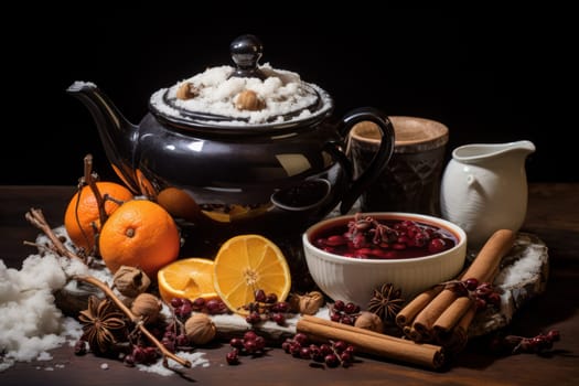 A mouthwatering portrayal of winter's culinary delights, showcasing the artful photography of winter-inspired dishes and beverages like hot soup, roasted chestnuts, and mulled wine.