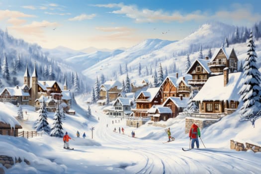 A dynamic portrayal of the winter wonderland at ski resorts, capturing the exhilaration and scenic beauty.