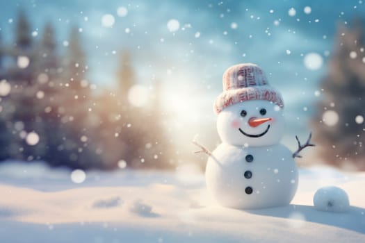 A snowman standing on the background of a winter landscape. High quality photo