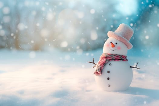 A snowman standing on the background of a winter landscape. High quality photo