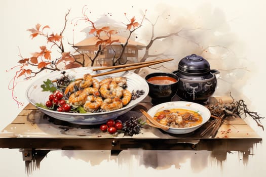 A mouthwatering portrayal of winter's culinary delights, showcasing the artful photography of winter-inspired dishes and beverages like hot soup, roasted chestnuts, and mulled wine.