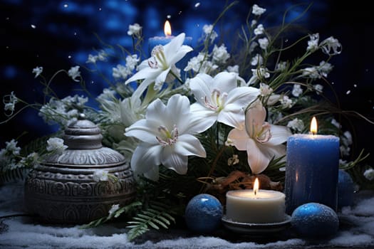 A captivating portrayal of the winter charm, focusing on the creation of cozy and welcoming visuals using the soft glow of candles or lanterns against the snowy backdrop.