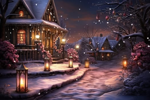 A captivating portrayal of the winter charm, focusing on the creation of cozy and welcoming visuals using the soft glow of candles or lanterns against the snowy backdrop.