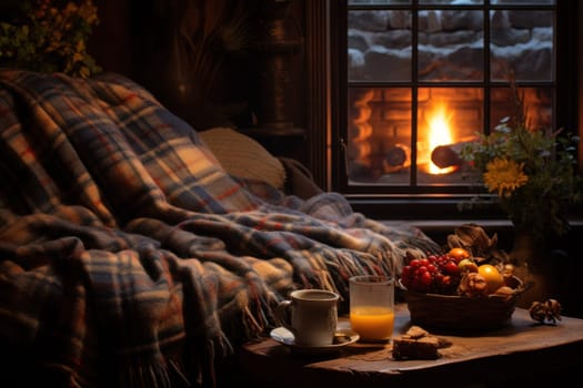 A heartwarming depiction of the winter season's charm, with individuals captured indoors, basking by a crackling fire, indulging in hot cocoa, or cocooned in soft blankets.