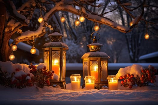 A captivating portrayal of the winter charm, focusing on the creation of cozy and welcoming visuals using the soft glow of candles or lanterns against the snowy backdrop.