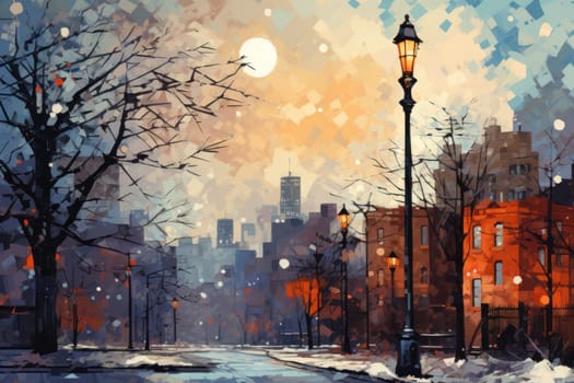 An evocative representation of urban life during winter, focusing on the enchanting vistas of city streets, buildings blanketed in snow, and the warm radiance of streetlights.