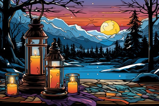 A captivating portrayal of the winter charm, focusing on the creation of cozy and welcoming visuals using the soft glow of candles or lanterns against the snowy backdrop.