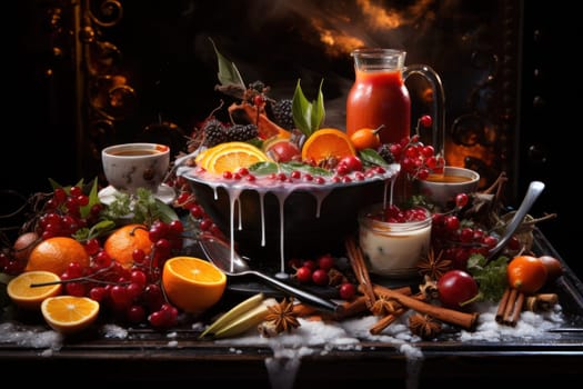 A mouthwatering portrayal of winter's culinary delights, showcasing the artful photography of winter-inspired dishes and beverages like hot soup, roasted chestnuts, and mulled wine.
