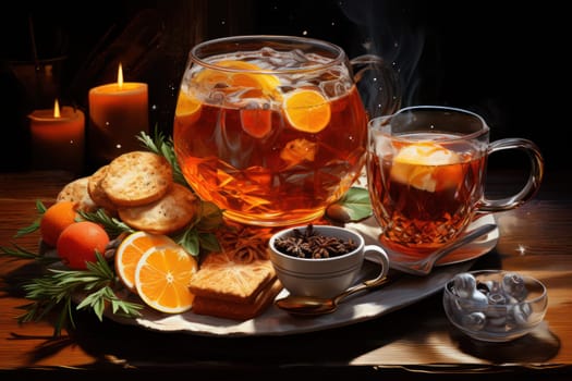 A mouthwatering portrayal of winter's culinary delights, showcasing the artful photography of winter-inspired dishes and beverages like hot soup, roasted chestnuts, and mulled wine.