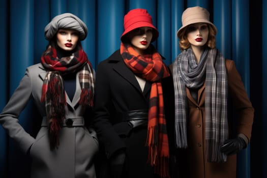 A chic portrayal of the winter season's fashion, highlighting stylish winter attire, including scarves, hats, and coats. This composition captures the elegance and coziness of winter wardrobe.