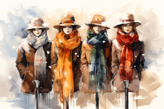 A chic portrayal of the winter season's fashion, highlighting stylish winter attire, including scarves, hats, and coats. This composition captures the elegance and coziness of winter wardrobe.