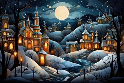 A captivating portrayal of the winter charm, focusing on the creation of cozy and welcoming visuals using the soft glow of candles or lanterns against the snowy backdrop.