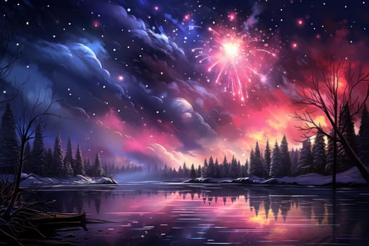 An electrifying display of winter's nocturnal splendor, featuring the dazzling spectacle of New Year's Eve fireworks and other seasonal celebrations.