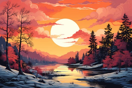 An exquisite visual representation of the winter skies, highlighting the unique color schemes and breathtaking beauty brought by the low-angled sun during winter sunrises and sunsets.