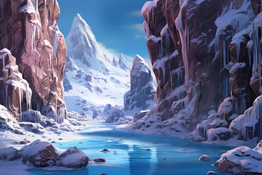 A mesmerizing display of the winter landscape, focusing on the distinctive and captivating frozen waterfalls found in chilly regions.