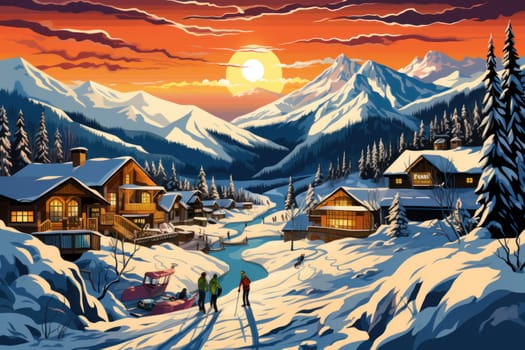 A dynamic portrayal of the winter wonderland at ski resorts, capturing the exhilaration and scenic beauty.