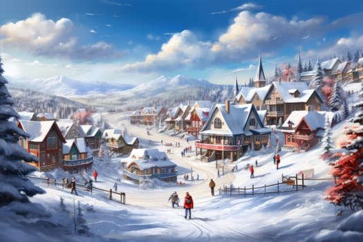 A dynamic portrayal of the winter wonderland at ski resorts, capturing the exhilaration and scenic beauty.