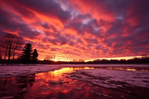 An exquisite visual representation of the winter skies, highlighting the unique color schemes and breathtaking beauty brought by the low-angled sun during winter sunrises and sunsets.