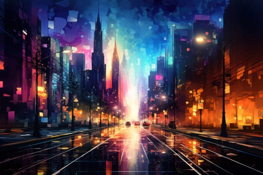 An evocative representation of urban life during winter, focusing on the enchanting vistas of city streets, buildings blanketed in snow, and the warm radiance of streetlights.