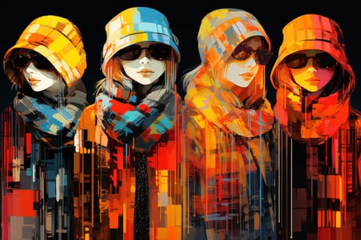 A chic portrayal of the winter season's fashion, highlighting stylish winter attire, including scarves, hats, and coats. This composition captures the elegance and coziness of winter wardrobe.
