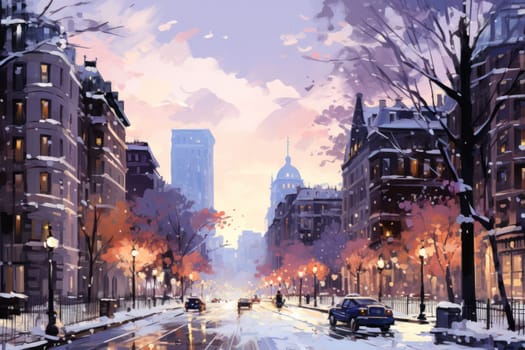 An evocative representation of urban life during winter, focusing on the enchanting vistas of city streets, buildings blanketed in snow, and the warm radiance of streetlights.