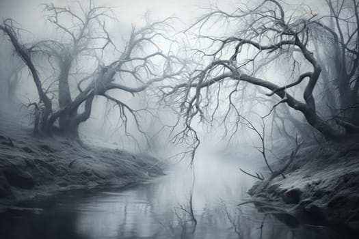 A captivating visual representation of the winter ambiance, focusing on the enigmatic allure of fog and mist enveloping the landscape, especially near bodies of water.