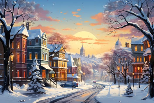 An evocative representation of urban life during winter, focusing on the enchanting vistas of city streets, buildings blanketed in snow, and the warm radiance of streetlights.