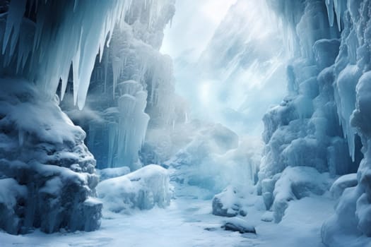 A mesmerizing display of the winter landscape, focusing on the distinctive and captivating frozen waterfalls found in chilly regions.