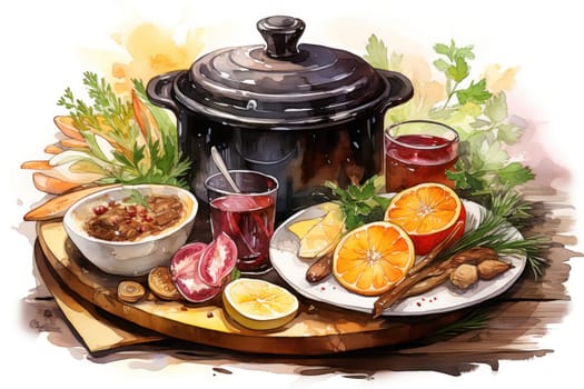 A mouthwatering portrayal of winter's culinary delights, showcasing the artful photography of winter-inspired dishes and beverages like hot soup, roasted chestnuts, and mulled wine.