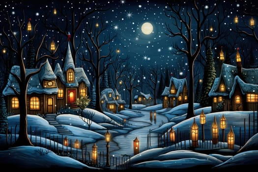 A captivating portrayal of the winter charm, focusing on the creation of cozy and welcoming visuals using the soft glow of candles or lanterns against the snowy backdrop.