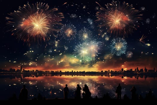 An electrifying display of winter's nocturnal splendor, featuring the dazzling spectacle of New Year's Eve fireworks and other seasonal celebrations.