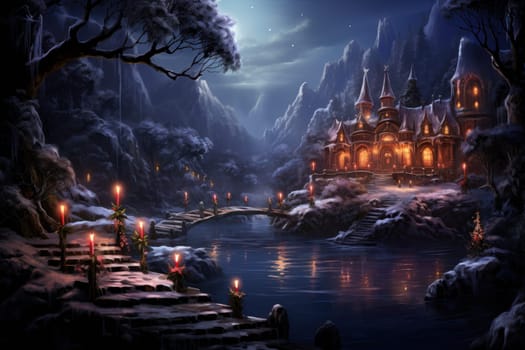A captivating portrayal of the winter charm, focusing on the creation of cozy and welcoming visuals using the soft glow of candles or lanterns against the snowy backdrop.
