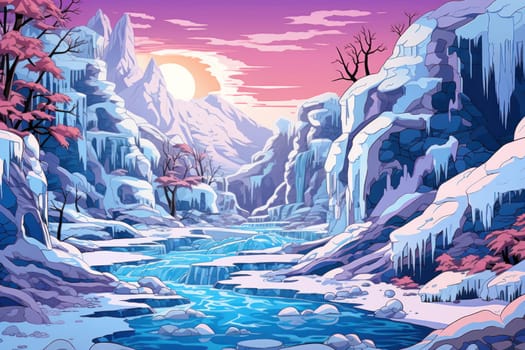 A mesmerizing display of the winter landscape, focusing on the distinctive and captivating frozen waterfalls found in chilly regions.