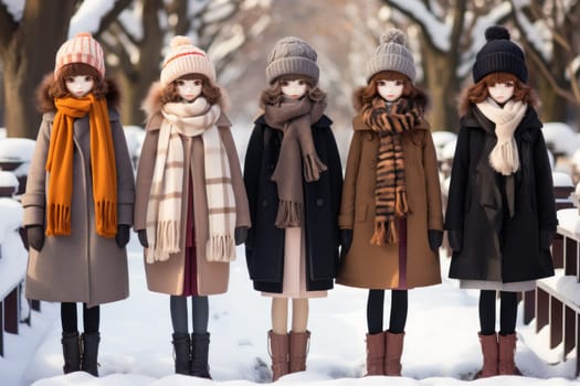 A chic portrayal of the winter season's fashion, highlighting stylish winter attire, including scarves, hats, and coats. This composition captures the elegance and coziness of winter wardrobe.