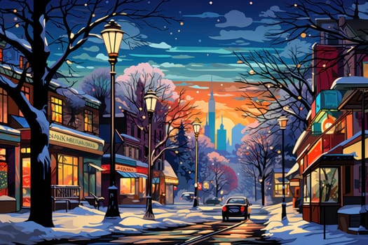 An evocative representation of urban life during winter, focusing on the enchanting vistas of city streets, buildings blanketed in snow, and the warm radiance of streetlights.