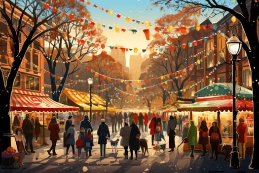 A vibrant depiction of the holiday spirit, capturing the lively ambiance of bustling markets and fairs adorned with festive decorations.