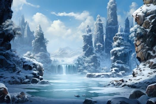 A mesmerizing display of the winter landscape, focusing on the distinctive and captivating frozen waterfalls found in chilly regions.