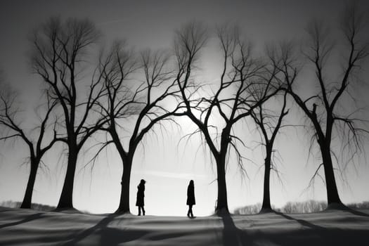 A striking visual display of the winter season, utilizing the extended shadows and sharp differences in lighting to craft captivating silhouettes against the snowy backdrop.