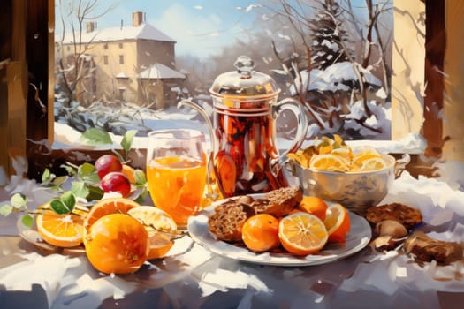 A mouthwatering portrayal of winter's culinary delights, showcasing the artful photography of winter-inspired dishes and beverages like hot soup, roasted chestnuts, and mulled wine.