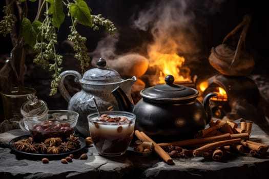 A mouthwatering portrayal of winter's culinary delights, showcasing the artful photography of winter-inspired dishes and beverages like hot soup, roasted chestnuts, and mulled wine.