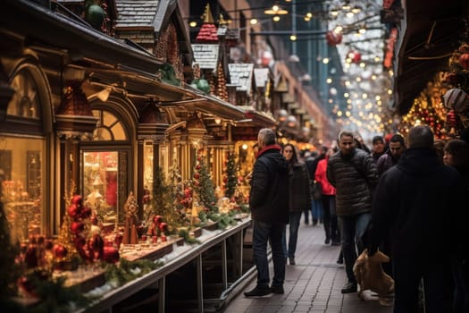 A vibrant depiction of the holiday spirit, capturing the lively ambiance of bustling markets and fairs adorned with festive decorations.