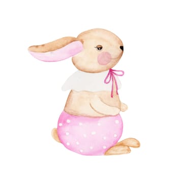 Bunny cute watercolor drawing on a white background isolate. Rabbit in pink pants with a bow. A nice illustration for decorating cards and invitations for Easter and printing on children's textiles. Cartoon hare.