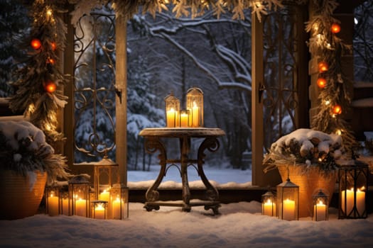 A captivating portrayal of the winter charm, focusing on the creation of cozy and welcoming visuals using the soft glow of candles or lanterns against the snowy backdrop.
