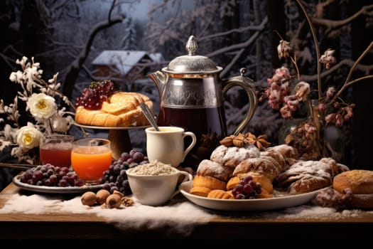 A mouthwatering portrayal of winter's culinary delights, showcasing the artful photography of winter-inspired dishes and beverages like hot soup, roasted chestnuts, and mulled wine.