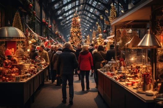 A vibrant depiction of the holiday spirit, capturing the lively ambiance of bustling markets and fairs adorned with festive decorations.