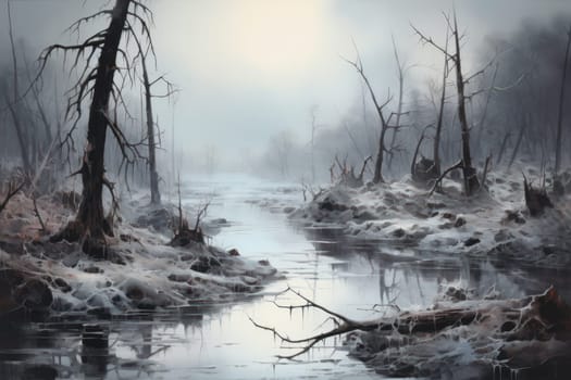 A captivating visual representation of the winter ambiance, focusing on the enigmatic allure of fog and mist enveloping the landscape, especially near bodies of water.