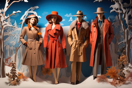 A chic portrayal of the winter season's fashion, highlighting stylish winter attire, including scarves, hats, and coats. This composition captures the elegance and coziness of winter wardrobe.
