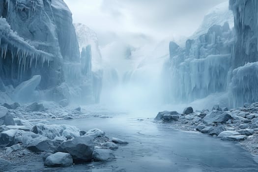 A mesmerizing display of the winter landscape, focusing on the distinctive and captivating frozen waterfalls found in chilly regions.