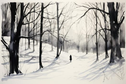 A striking visual display of the winter season, utilizing the extended shadows and sharp differences in lighting to craft captivating silhouettes against the snowy backdrop.